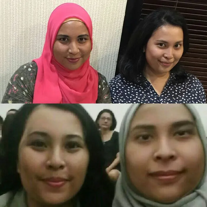 Two pairs of women who met their real-life doppelgangers, smiling side by side.