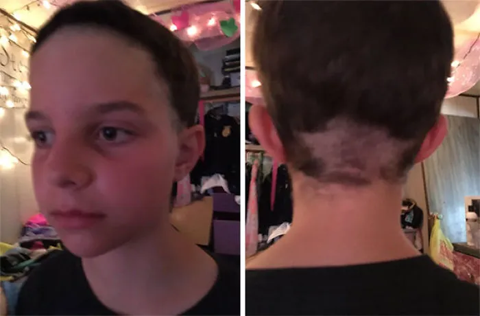 Child with a self-cut uneven hairstyle, front and back view, under soft room lighting with decorations.