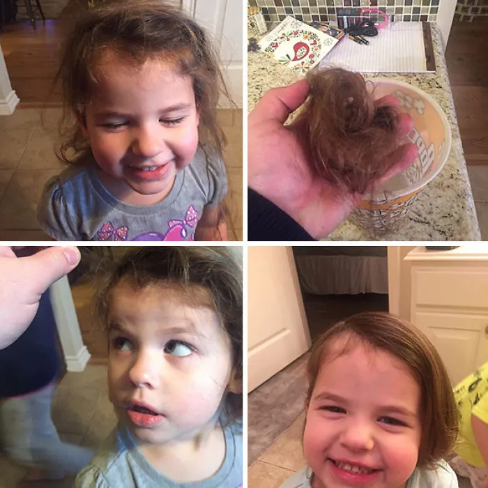 Child with a self-cut haircut, showing before and after expressions of regret while holding a clump of cut hair.