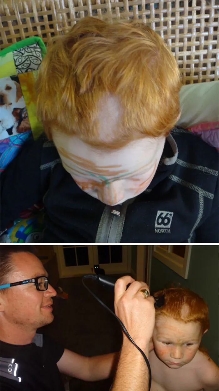 Child with self-cut hair gets a trim from an adult, highlighting DIY haircut regrets.