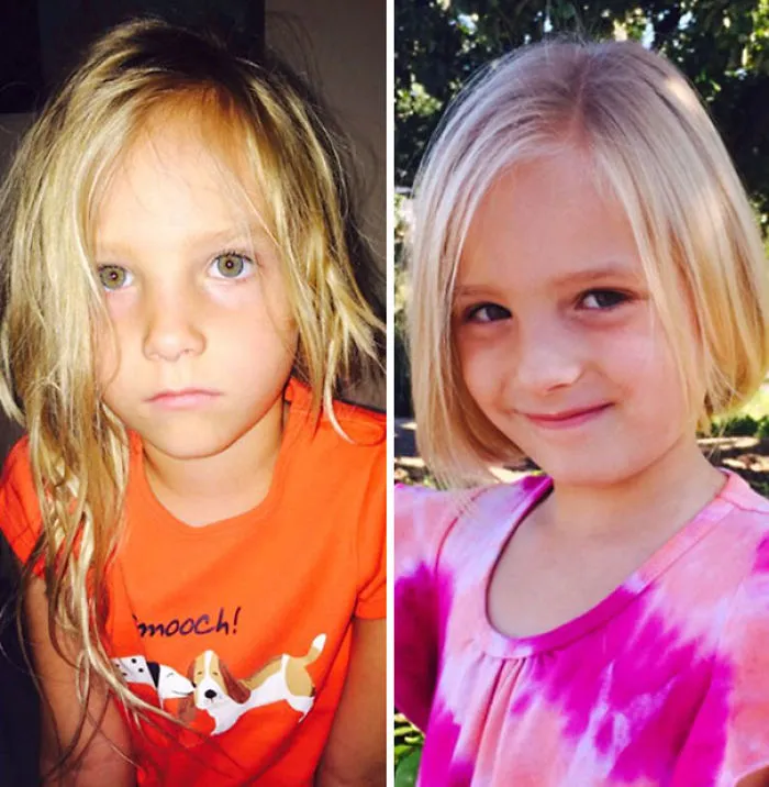 Kid with self-cut messy hair on left, neat haircut on right, showcasing a regretful haircut decision.