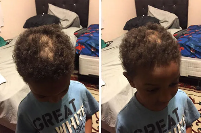 Child with uneven self-cut hair, looking down in a bedroom. Mistake evident after cutting own hair.