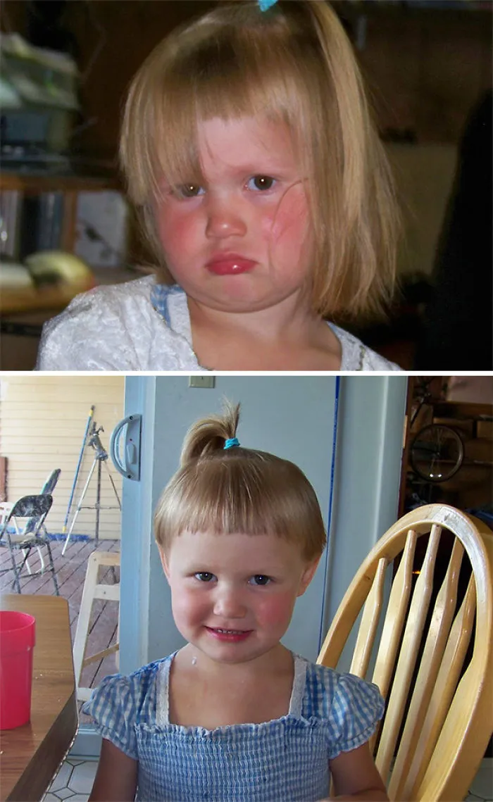 Two kids with funny uneven haircuts, looking slightly regretful.