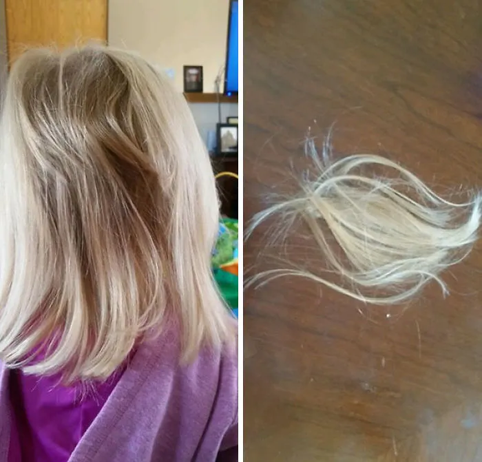 Child with uneven self-cut hair on the left, and a lock of blonde hair on a table on the right; a hair mishap.