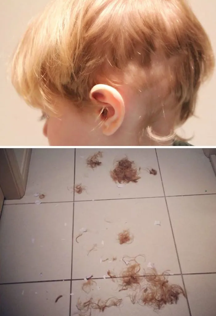 Kid's self-cut hair with uneven patches; hair clippings scattered on the tiled floor.