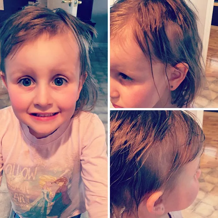Child with uneven haircut, smiling awkwardly, showing self-cut hair from three angles.