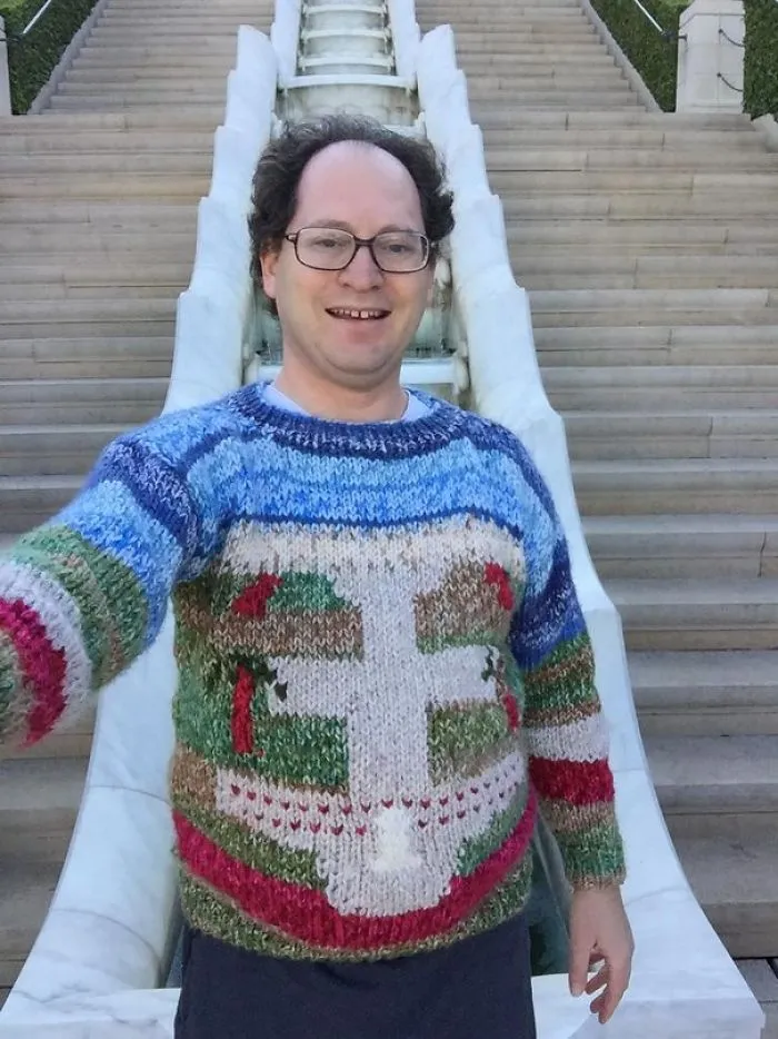 Guy Makes Sweaters Of Places And Then Photographs Himself In Those Places