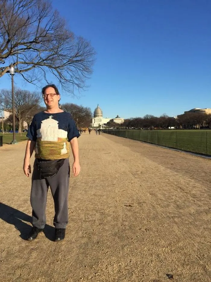 Guy Makes Sweaters Of Places And Then Photographs Himself In Those Places