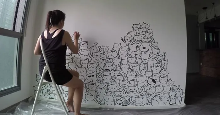 I Painted A Mountain Of Cats On A Blank Wall To Bring It To Life