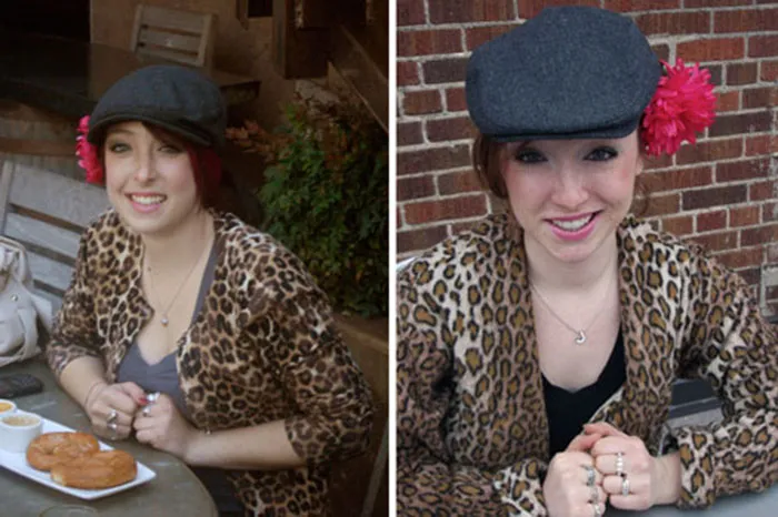 Two women resembling each other wear similar leopard jackets and hats, illustrating real-life doppelgangers.