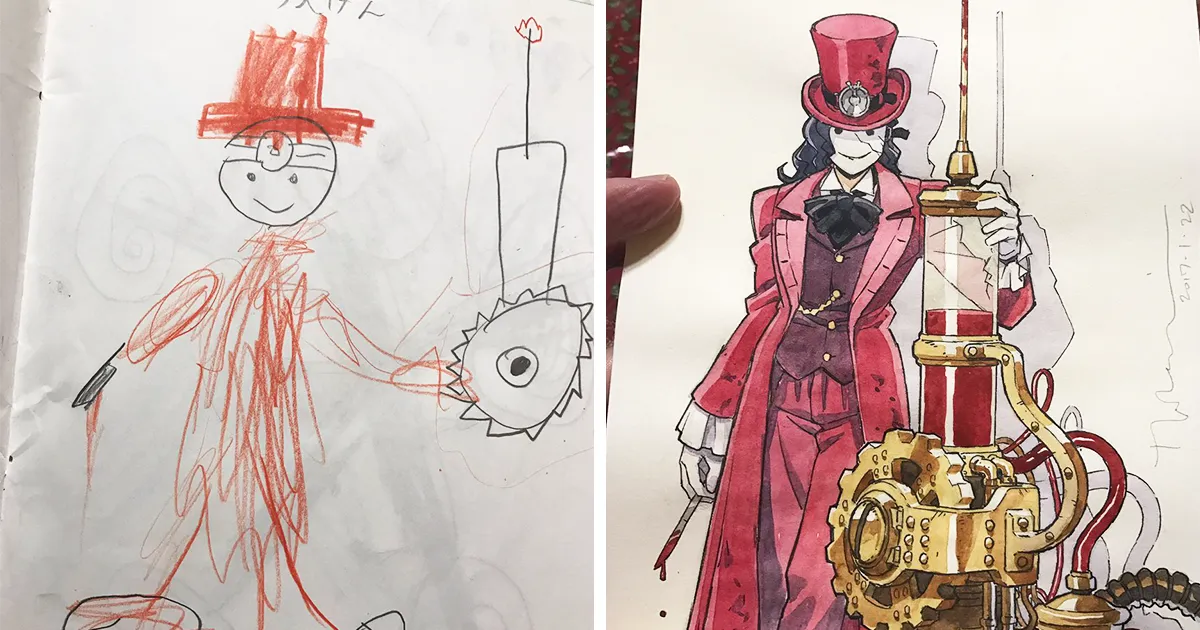 Este padre convierte los garabatos de sus hijos en increíbles personajes de anime