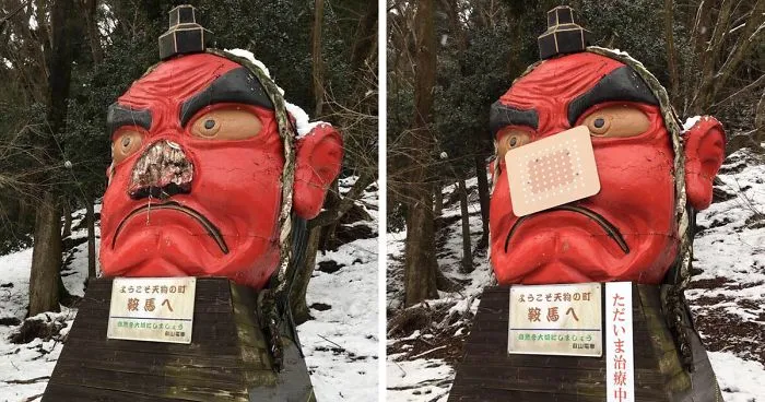 Snow In Kyoto Broke The Nose Of This Tengu, Japanese Fixed It With A Bandaid