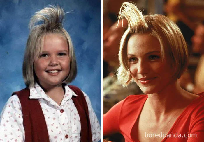 Childhood photos of celebrities showing rare and barely recognizable star moments with unique hairstyles and outfits.