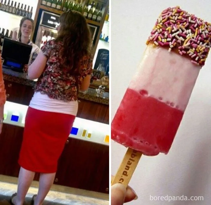 Woman in red and white outfit at counter, humorously matching a pink sprinkled ice cream.