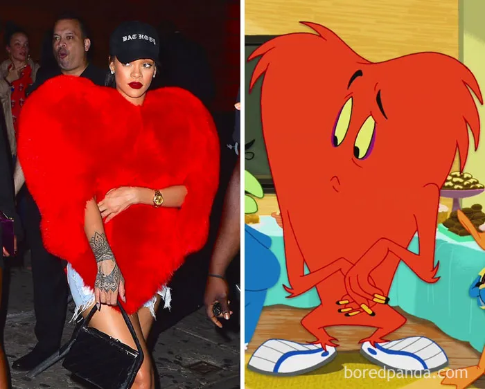 Person wearing a red heart-shaped outfit and a cartoon character with a similar look, showcasing "who wore it better" humor.