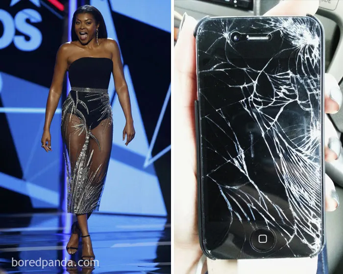 Woman in a sparkly dress contrasted with a cracked phone screen; a humorous "wore it better" comparison.