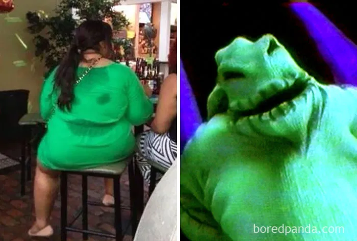 "Wore it better? Woman in green dress next to cartoon character, both in similar shades, creating a humorous comparison."