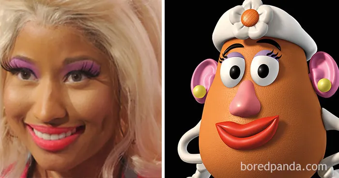 Celebrity and Mrs. Potato Head side by side in a humorous fashion comparison.