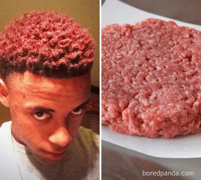 "Side-by-side comparison: Person with red curly hair vs. raw ground beef. Wore it better laugh out loud moment."