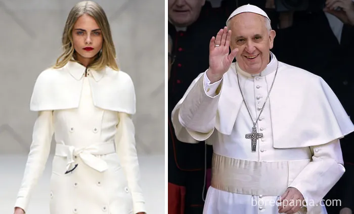 Model and religious leader both wear white capes side by side, showcasing a humorous "who wore it better?" comparison.