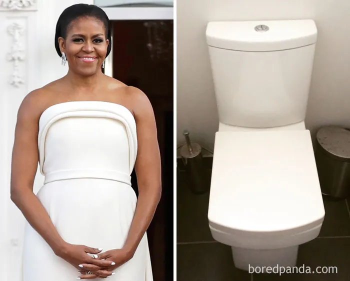 A woman in a white dress next to a white toilet seat with similar design, highlighting "Who Wore It Better?" humor.
