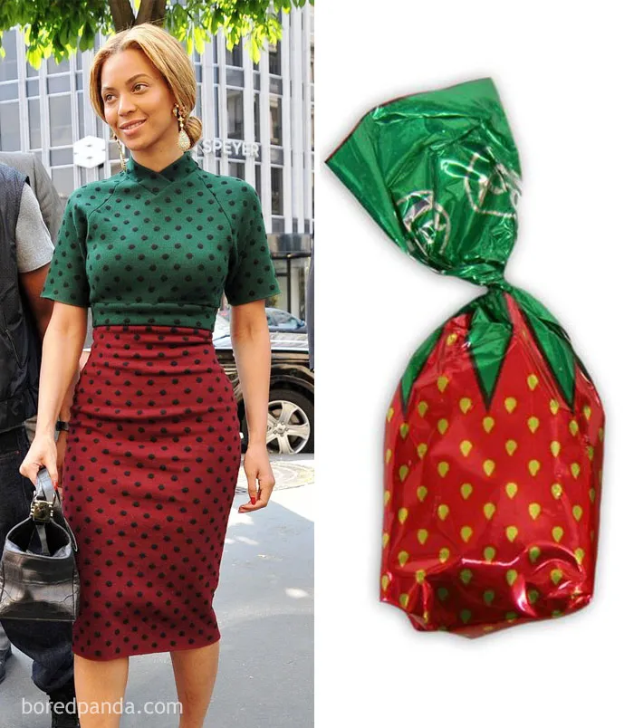 Woman in polka dot dress compared to strawberry candy wrapper for "Who Wore It Better?" humor.