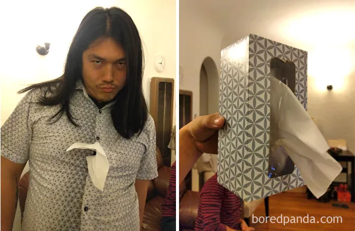 Person humorously wearing a patterned shirt with a tissue sticking out, resembling a tissue box, sparking laughter on "Who Wore It Better?"