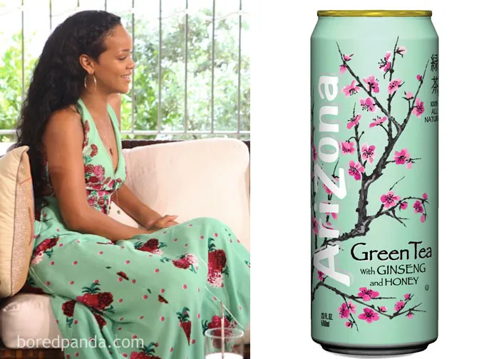 Person in a floral green dress sits on a couch, next to a matching Arizona Green Tea can, creating a humorous "Who Wore It Better?" moment.