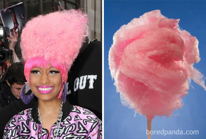 Pink wig styled like cotton candy compared for who wore it better humor.