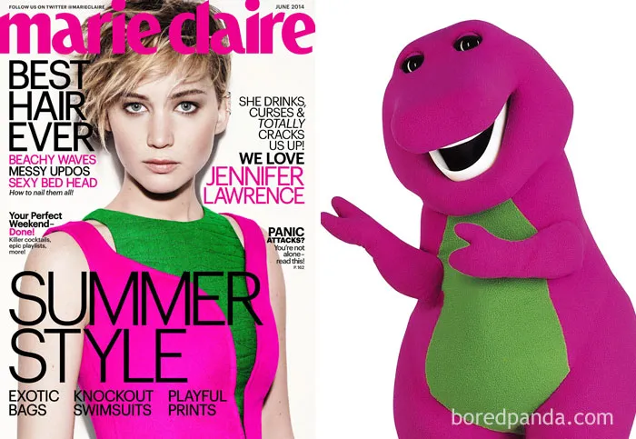 Magazine cover with a celebrity in a pink and green outfit next to a purple dinosaur toy, highlighting "Who Wore It Better?"