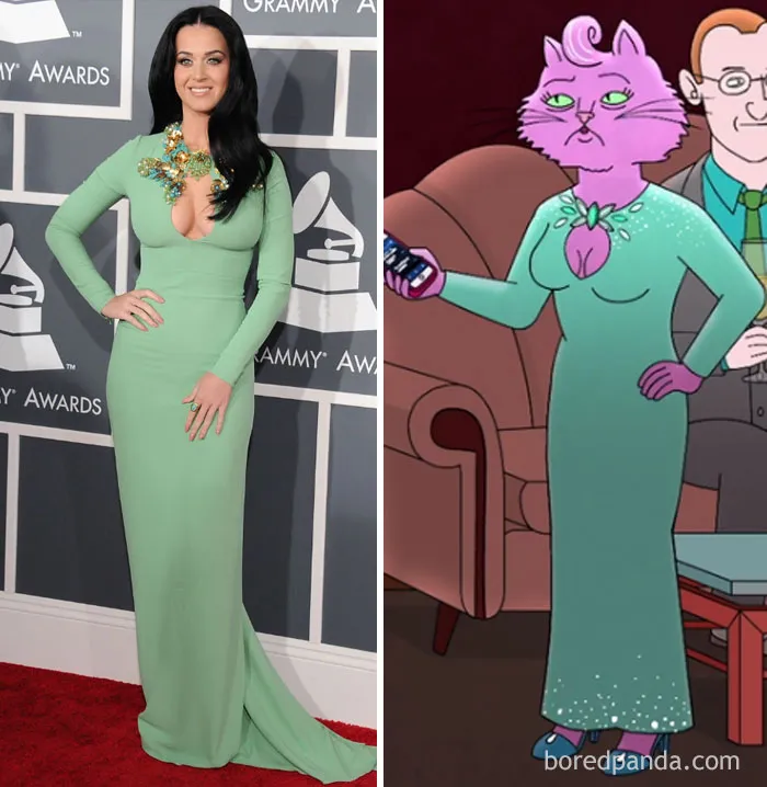 Side-by-side comparison of a woman and an animated character, both in mint green dresses, for "Who Wore It Better?"