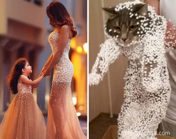 Glamorous woman and child in matching dresses on left; cat covered in white balls on right. Who wore it better?