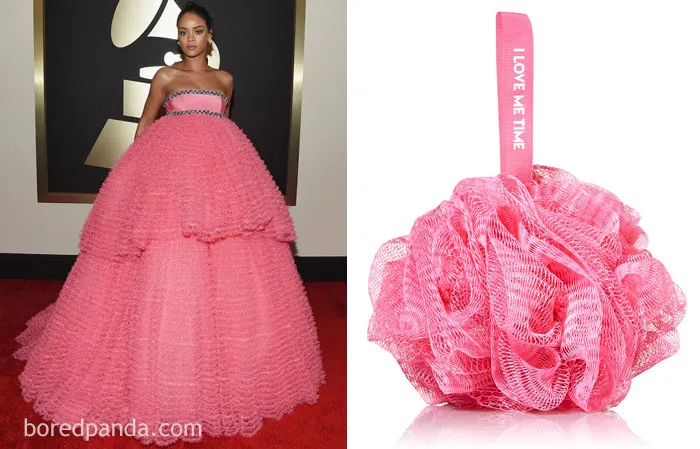 Pink dress compared to a loofah sponge, showcasing a humorous "Who Wore It Better?" moment.