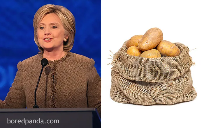 Person in a brown suit beside a sack of potatoes, humorously comparing fashion choices.