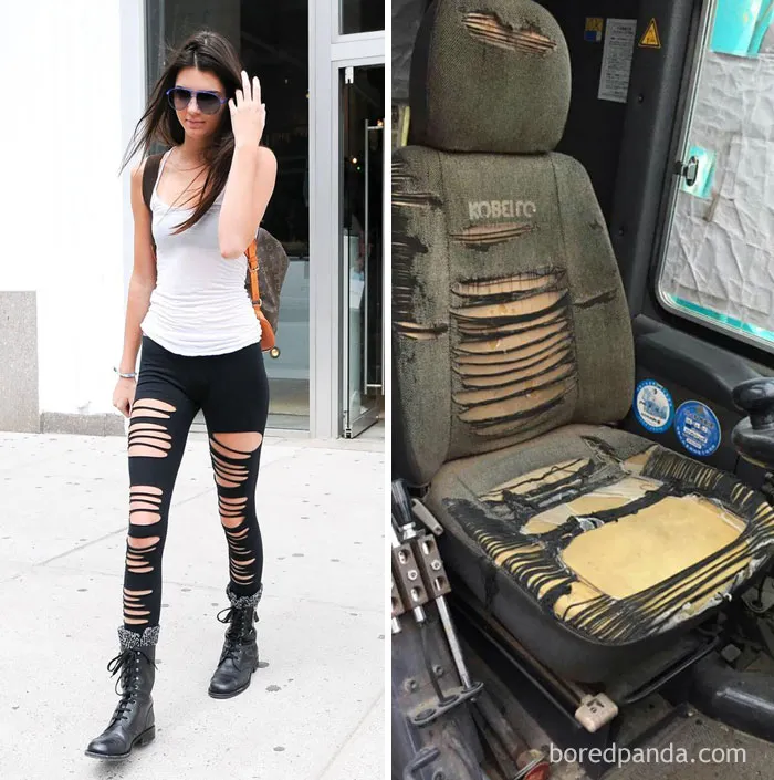 Woman wearing ripped leggings compared humorously to a torn car seat, illustrating "Who Wore It Better?" theme.