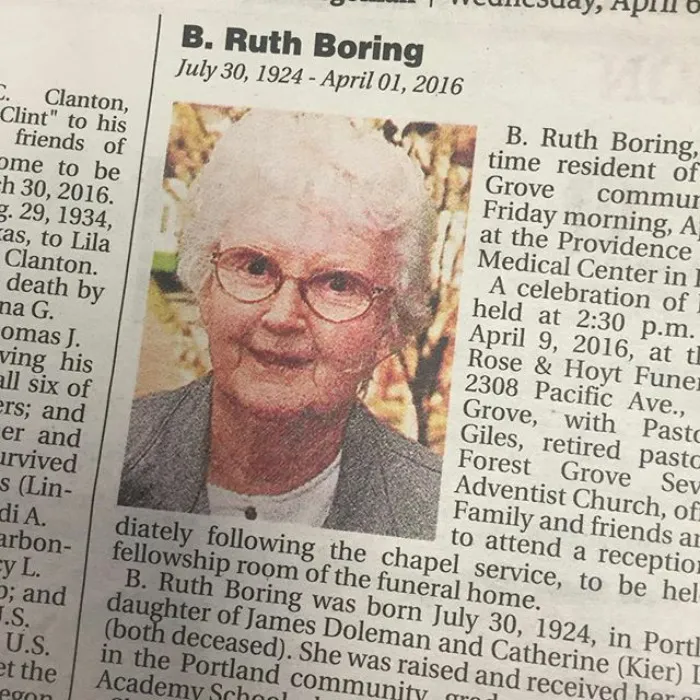Obituary featuring "Ruth Boring," an example of a funny name.