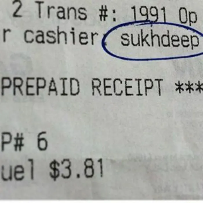 Receipt showing the funny name "Sukhdeep" circled in blue ink.