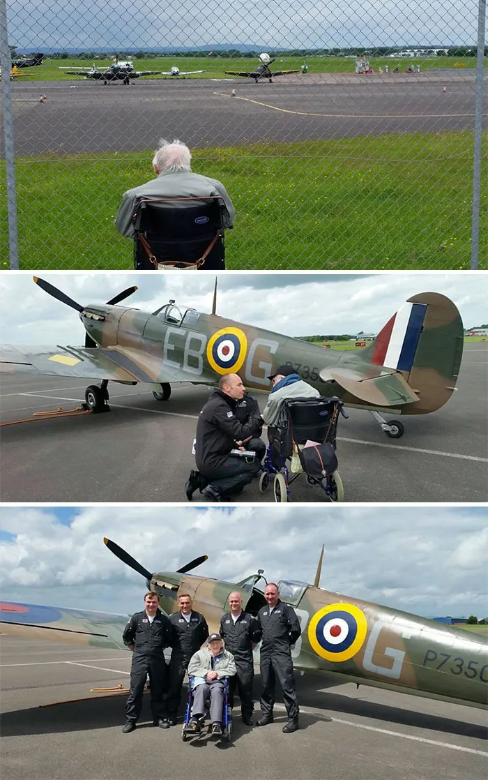 El último deseo de este ingeniero de la 2ª G.M. era reunirse con un avión mítico, los jefes se lo concedieron tras verle mirando a través de la valla en su silla de ruedas