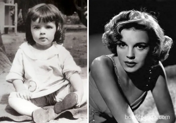 Rare celebrity childhood photo of a young girl next to her glamorous vintage star portrait in black and white.