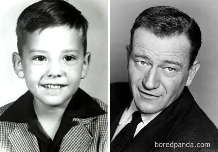 Rare celebrity childhood photo showing a young boy in a checkered jacket alongside his adult star portrait