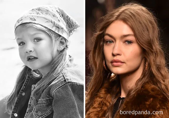 Rare celebrity childhood photo of a young girl wearing a bandana, paired with her grown-up portrait in a fur coat.