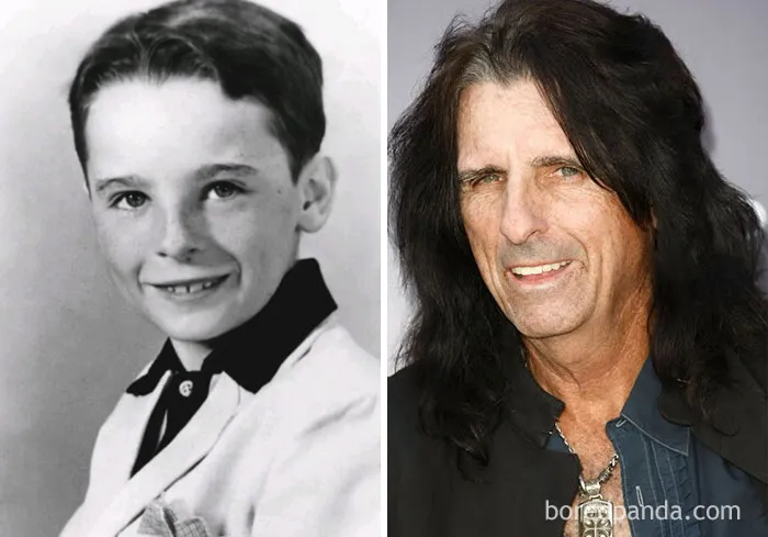 Rare celebrity childhood photo of a boy with dark hair paired with an adult celebrity with long black hair and a necklace