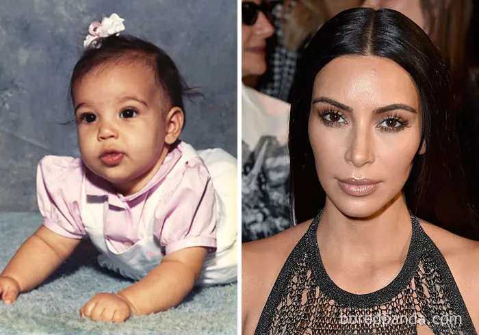 Rare celebrity childhood photo of a baby girl next to a current photo of a barely recognizable star at an event.
