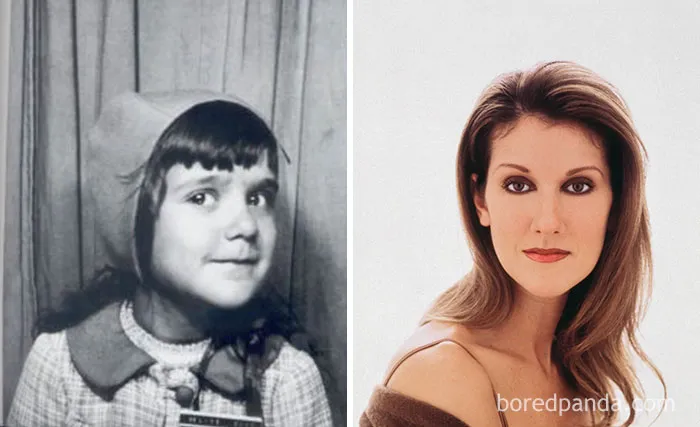 Rare celebrity childhood photo of a young girl next to a glamorous adult portrait of the same barely recognizable star.