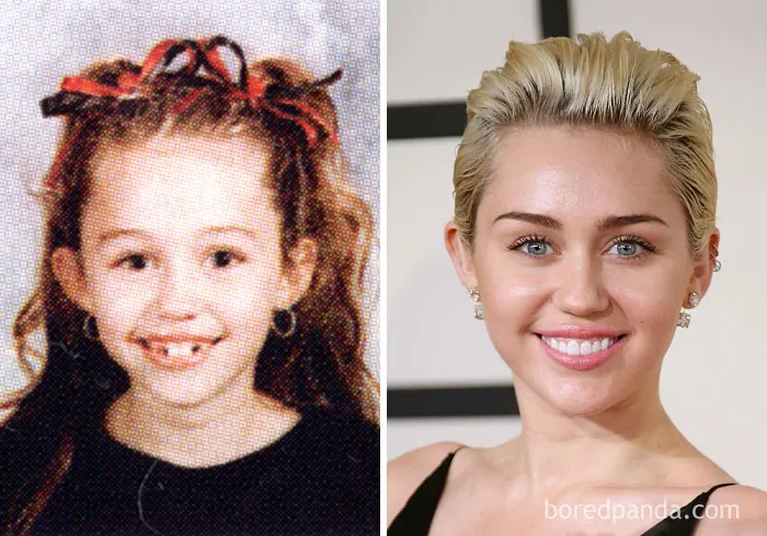 Rare celebrity childhood photo of a young girl with curly hair and a missing tooth next to her modern glamorous portrait.
