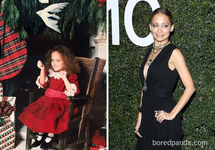 Rare celebrity childhood photo of a young girl in a red dress next to her modern image at a red carpet event.