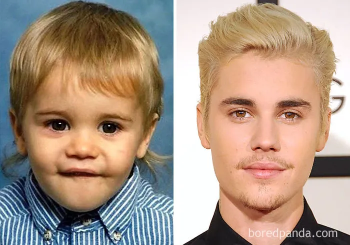 Rare celebrity childhood photo showing a young star with blonde hair alongside a recent image of the same barely recognizable star.