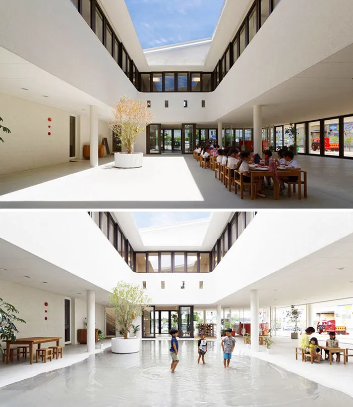 children going on the puddles in the center of building