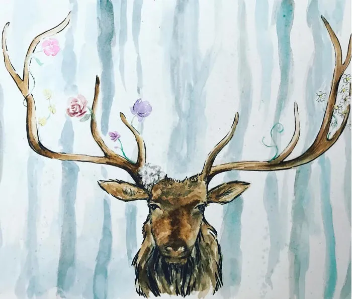 Elk Nature Painting - Watercolor With Flowers