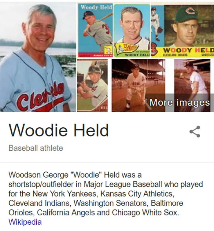 Baseball athlete Woodie Held with various baseball card images, related to funny names.